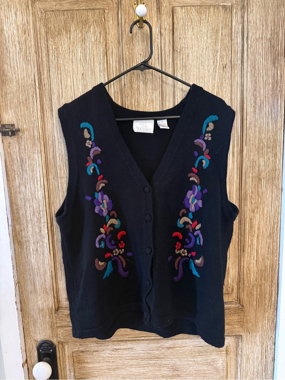 Women’s Black Embroidered Button-Front Vest - Classic Floral Accent
